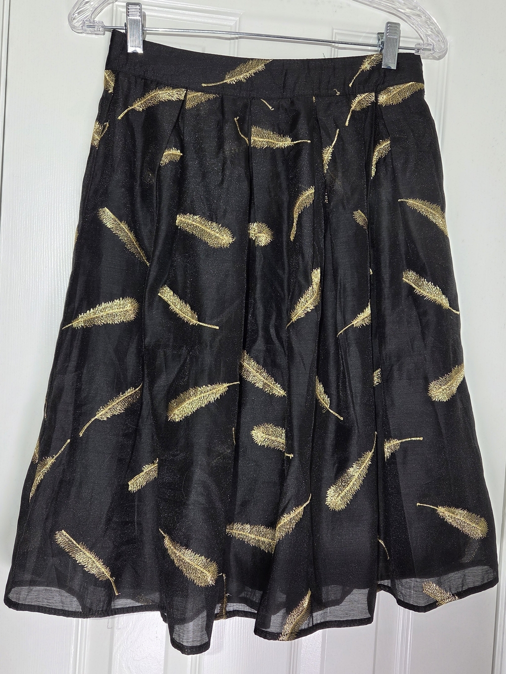 Anthropologie Birdcage Black Gauzy Aline Skirt Gold Feather Embroidery Small